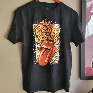 THE ROLLING STONES T-SHIRT Black Yellow Red Tongue Big Logo Retro Medium